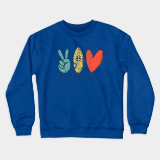 Peace, Surf, Love, finger peace sign, surfboard, Heart Ribbon Crewneck Sweatshirt